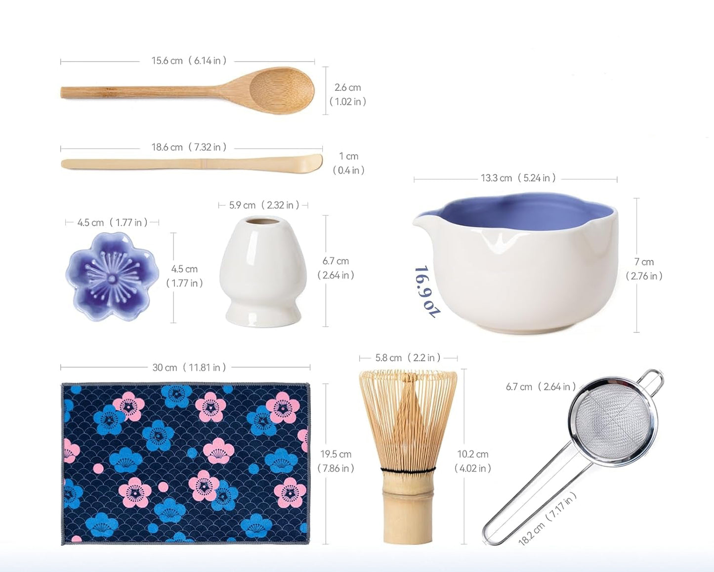 Matcha Set, 8Pcs Floral Ceramic Matcha Set with Matcha Whisk, Holder, Scoop, Scoop Rest, Sifter, Spoon and Tea Towel - Thoughtful Matcha Whisk Set Gift for Matcha Lovers (Beige & Blue)