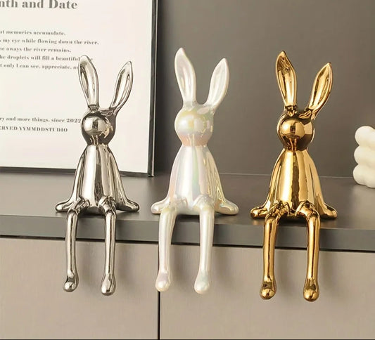 1PCS Ceramic Long-Eared Sitting Rabbit Room Ornaments Statue Luxury Home Decoration Accessories High-End Home Art Aesthetics