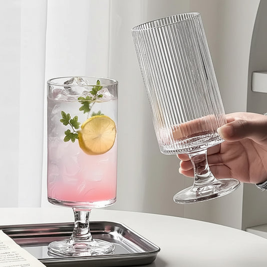1Pc Elegant High-Foot Glass Cup Vertical Striped Design - Ideal for Iced Coffee Latte Juice & Wine - Reusable Glass