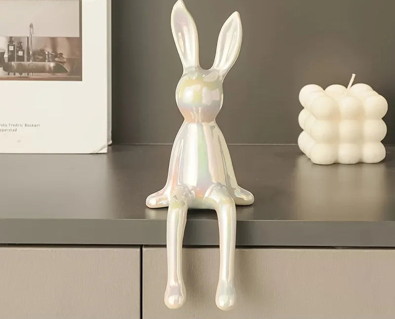 1PCS Ceramic Long-Eared Sitting Rabbit Room Ornaments Statue Luxury Home Decoration Accessories High-End Home Art Aesthetics
