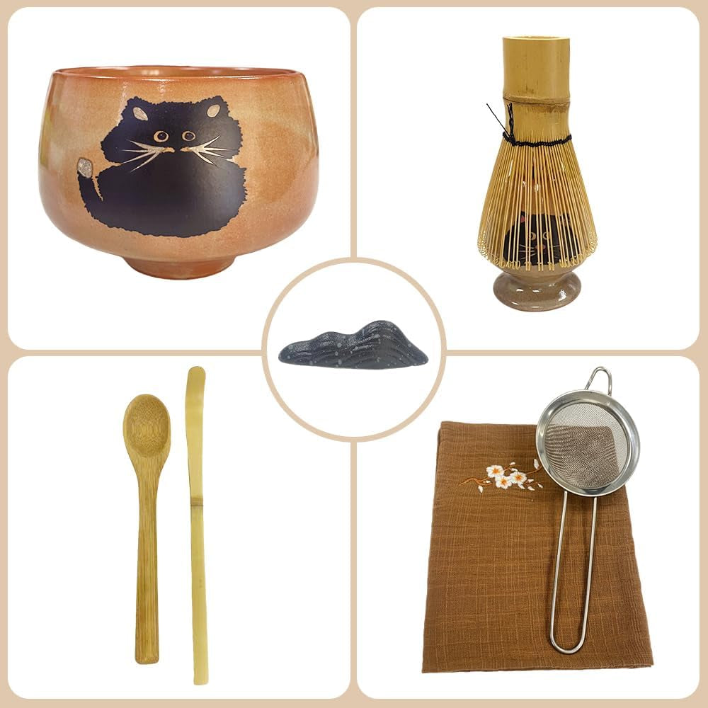 Matcha Whisk Set, 8 Pcs Matcha Kit Includes Bamboo Whisk with Ceramic Holder, Matcha Scoop and Sifter, Cotton and Linen Tea Towel, Traditional Japanese Shino Style Gift Set, Dragon Egg