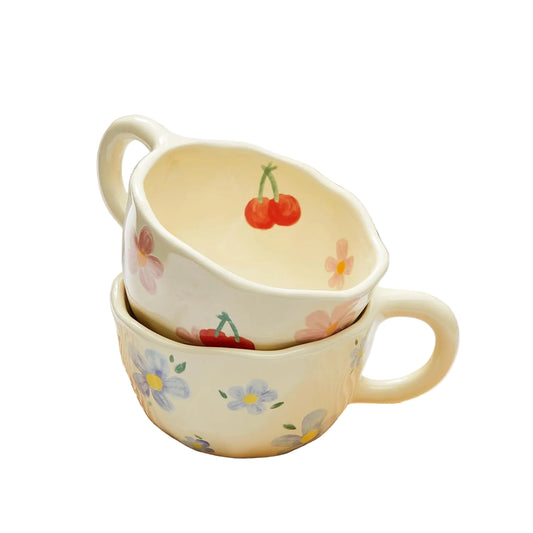 2 Pcs Ceramic Coffee Mugs Flower Mugs with Spoon Vintage Floral Mugs with Handle 8.5 Oz Cute Aesthetic Tea Porcelain Cup Dishwasher and Microwave Safe(Lovely)