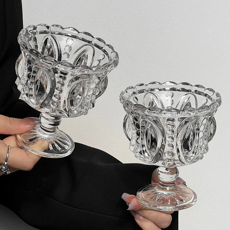 1/2PCS Retro Embossed Tall Glass Cup Whiskey Mugs Black Crystal Home Creative Coffee Ice Cream Yogurt Dessert Goblet