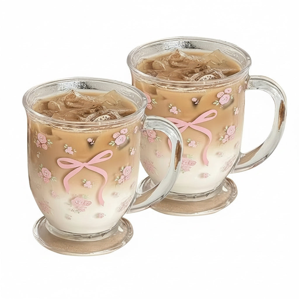 1/2PCS Flower Rose Bow Pattern Glass 450Ml Multifunctional U-Shaped Hand Washable Reusable Glass Suitable for Coffee