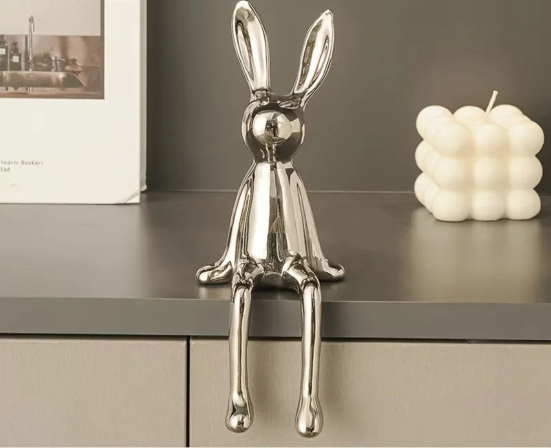 1PCS Ceramic Long-Eared Sitting Rabbit Room Ornaments Statue Luxury Home Decoration Accessories High-End Home Art Aesthetics