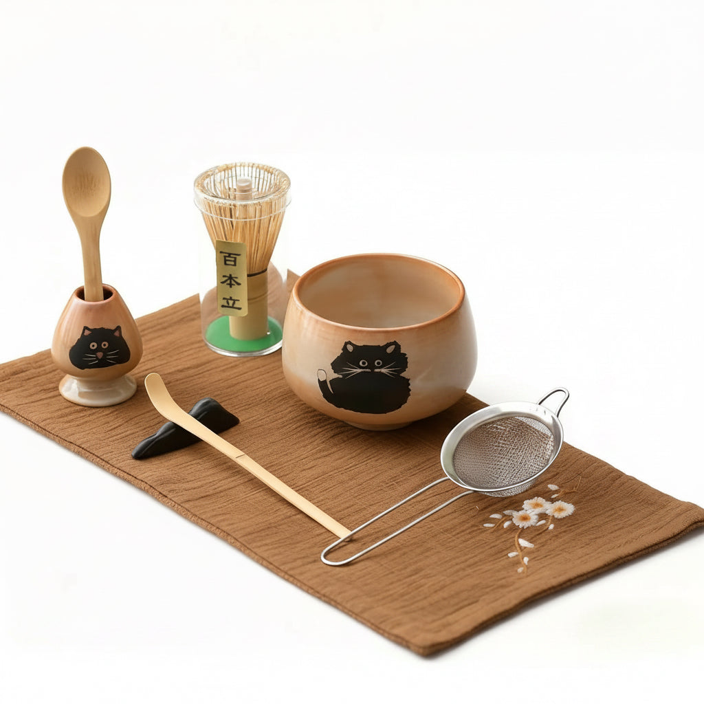 Matcha Whisk Set, 8 Pcs Matcha Kit Includes Bamboo Whisk with Ceramic Holder, Matcha Scoop and Sifter, Cotton and Linen Tea Towel, Traditional Japanese Shino Style Gift Set, Dragon Egg