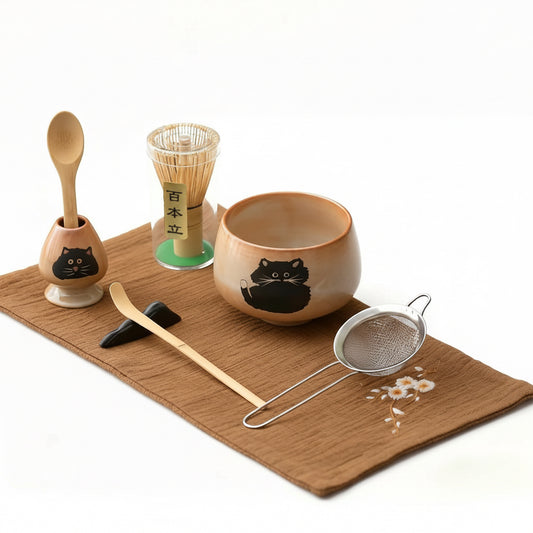 Matcha Whisk Set, 8 Pcs Matcha Kit Includes Bamboo Whisk with Ceramic Holder, Matcha Scoop and Sifter, Cotton and Linen Tea Towel, Traditional Japanese Shino Style Gift Set, Dragon Egg