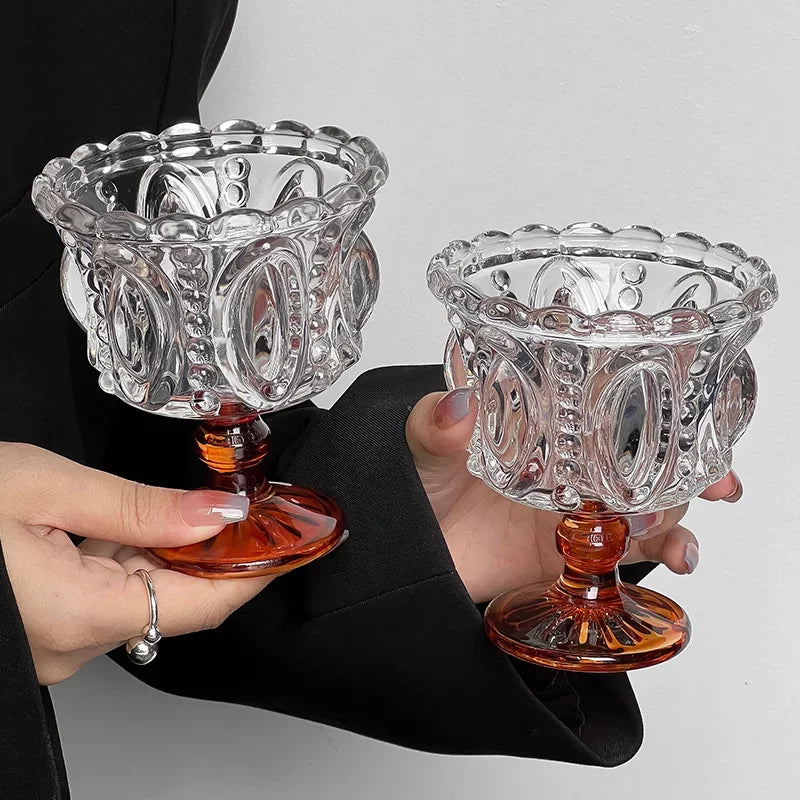 1/2PCS Retro Embossed Tall Glass Cup Whiskey Mugs Black Crystal Home Creative Coffee Ice Cream Yogurt Dessert Goblet