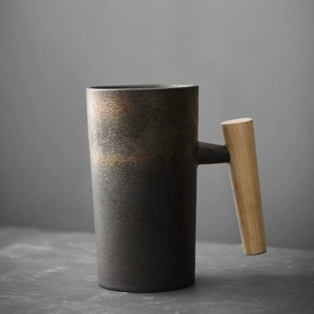 Vintage Ceramic Mug Coffee Cup Drinking Cup Retro Matte Mug with Wooden Handle Handmade Mugs Ceramic Cups Dining & Bar Drinkware