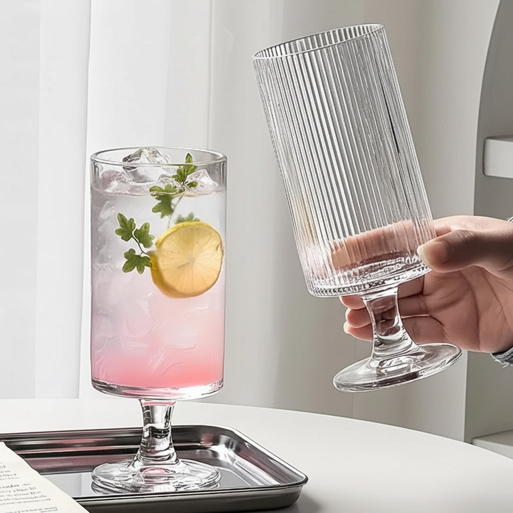 1Pc Elegant High-Foot Glass Cup Vertical Striped Design - Ideal for Iced Coffee Latte Juice & Wine - Reusable Glass