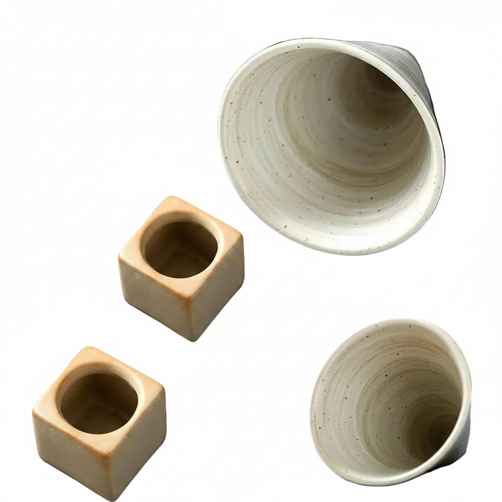 2Pcs Coarse Pottery Coffee Mug with Base,Creative Triangular Cone Shape