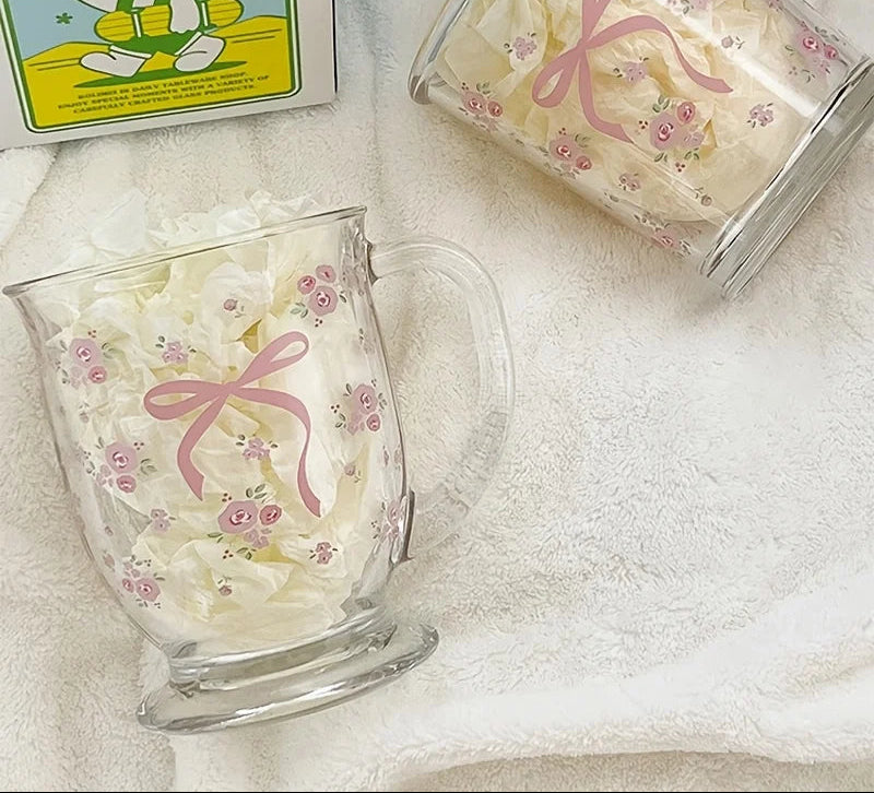 1/2PCS Flower Rose Bow Pattern Glass 450Ml Multifunctional U-Shaped Hand Washable Reusable Glass Suitable for Coffee