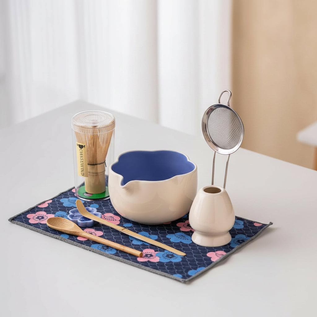 Matcha Set, 8Pcs Floral Ceramic Matcha Set with Matcha Whisk, Holder, Scoop, Scoop Rest, Sifter, Spoon and Tea Towel - Thoughtful Matcha Whisk Set Gift for Matcha Lovers (Beige & Blue)