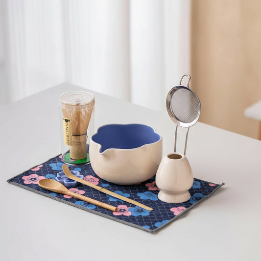 Matcha Set, 8Pcs Floral Ceramic Matcha Set with Matcha Whisk, Holder, Scoop, Scoop Rest, Sifter, Spoon and Tea Towel - Thoughtful Matcha Whisk Set Gift for Matcha Lovers (Beige & Blue)