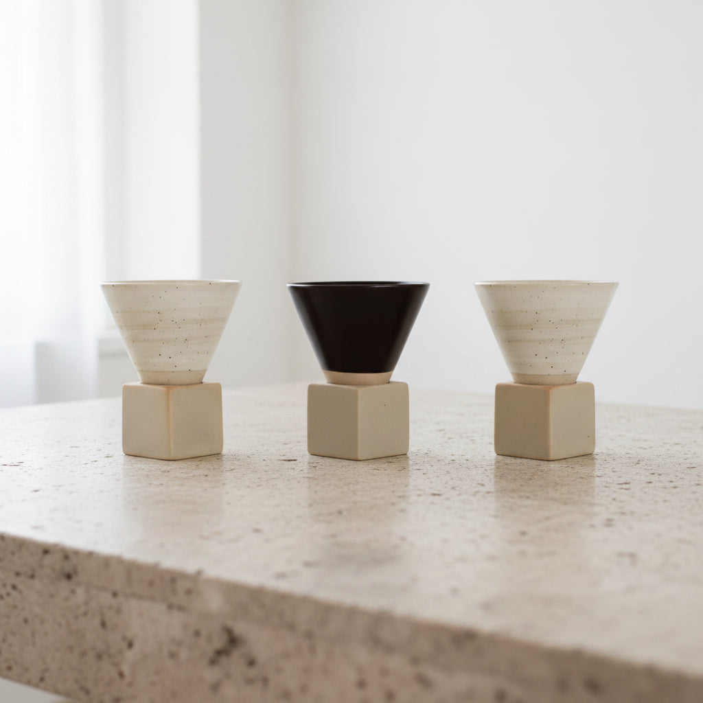 2Pcs Coarse Pottery Coffee Mug with Base,Creative Triangular Cone Shape