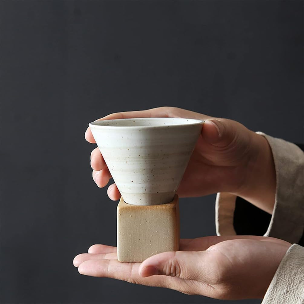 2Pcs Coarse Pottery Coffee Mug with Base,Creative Triangular Cone Shape
