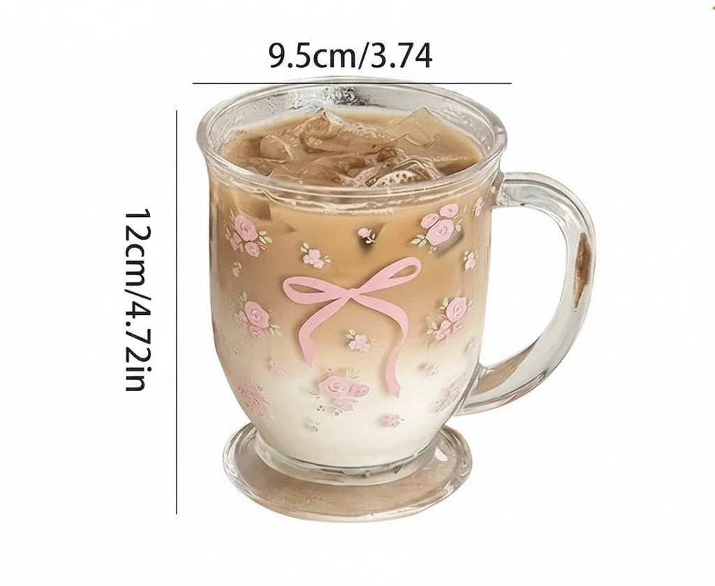 1/2PCS Flower Rose Bow Pattern Glass 450Ml Multifunctional U-Shaped Hand Washable Reusable Glass Suitable for Coffee