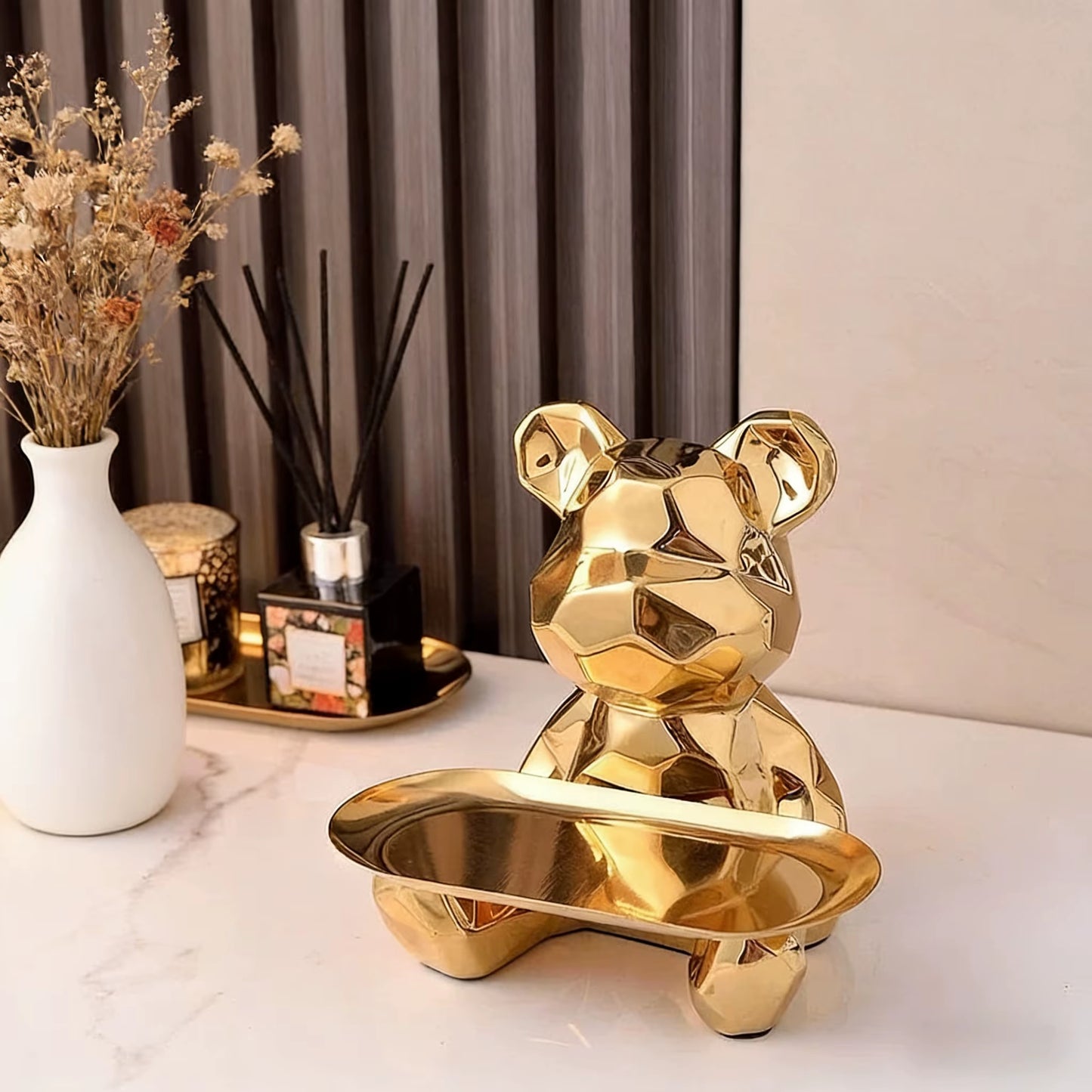 Geometric Bear Statue with Tray Storage, Ceramic Plating Piggy Bank, Key, Cosmetic Storage Box, Bookshelf Statue Decoration.