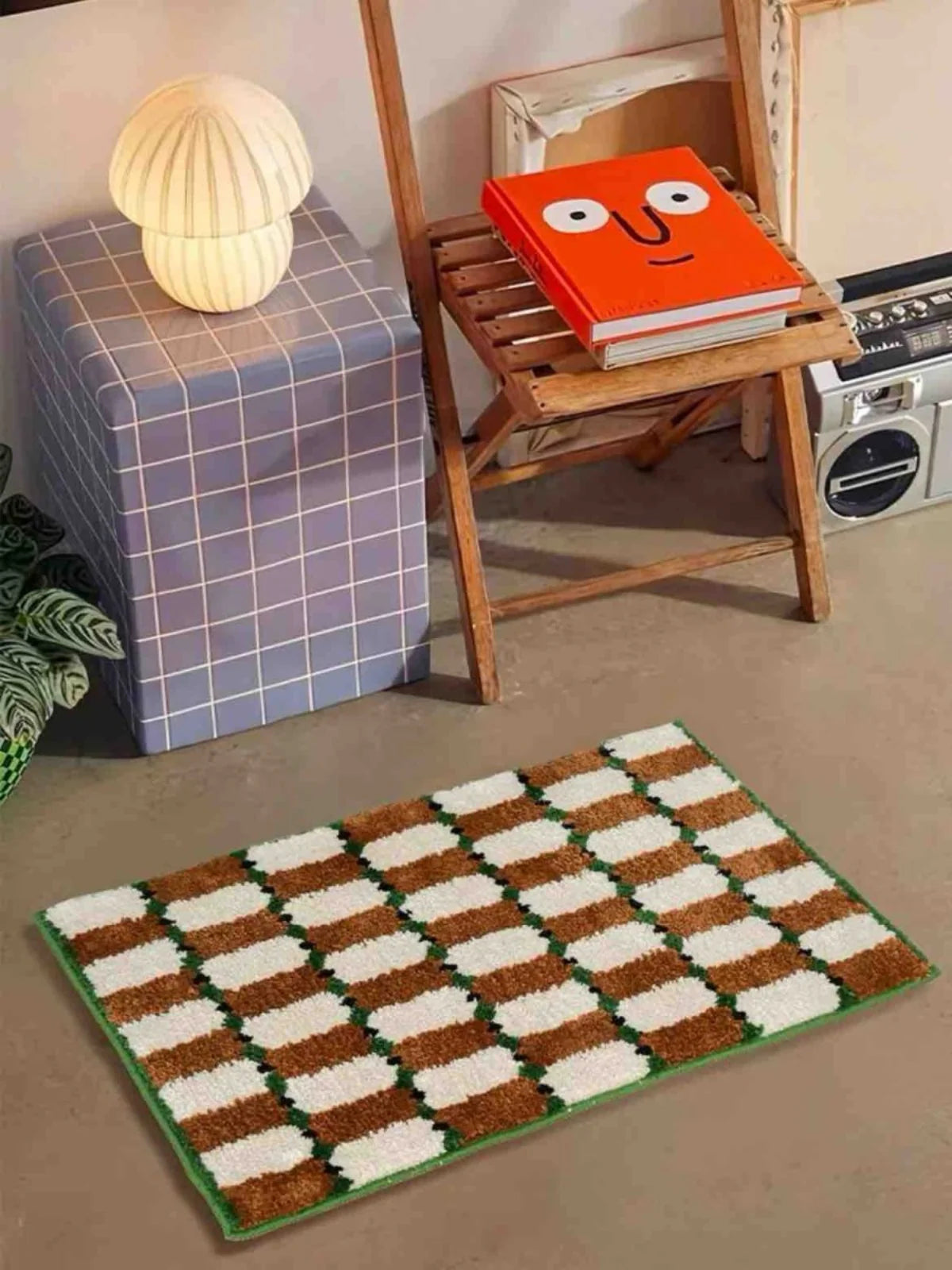 Retro Checker Bath Rug, Machine-Washable, Ultra Soft & Absorbent