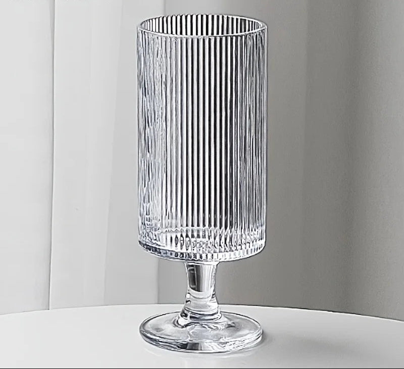 1Pc Elegant High-Foot Glass Cup Vertical Striped Design - Ideal for Iced Coffee Latte Juice & Wine - Reusable Glass
