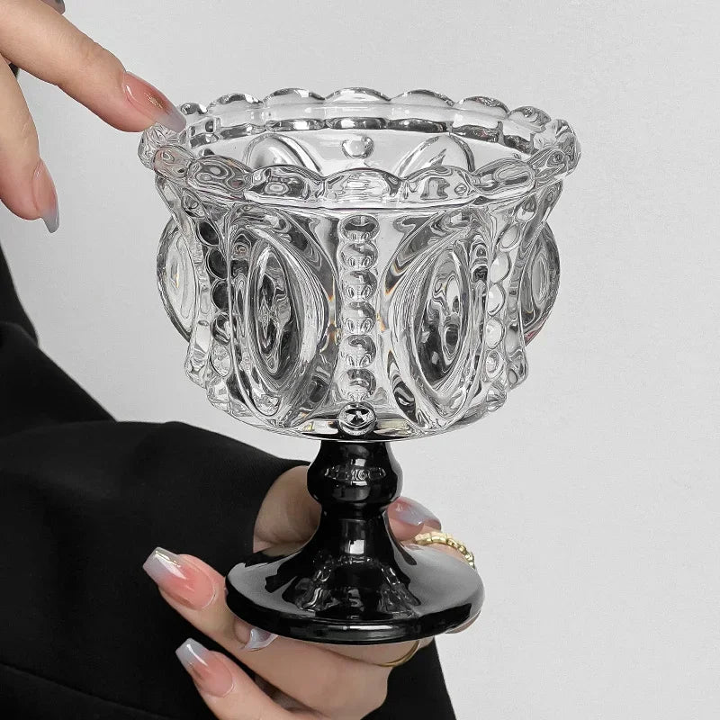 1/2PCS Retro Embossed Tall Glass Cup Whiskey Mugs Black Crystal Home Creative Coffee Ice Cream Yogurt Dessert Goblet