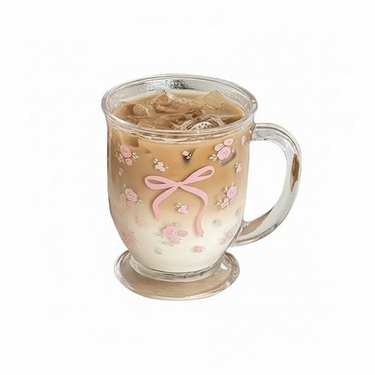 1/2PCS Flower Rose Bow Pattern Glass 450Ml Multifunctional U-Shaped Hand Washable Reusable Glass Suitable for Coffee