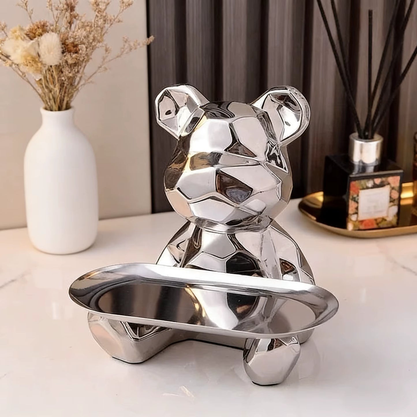 Geometric Bear Statue with Tray Storage, Ceramic Plating Piggy Bank, Key, Cosmetic Storage Box, Bookshelf Statue Decoration.