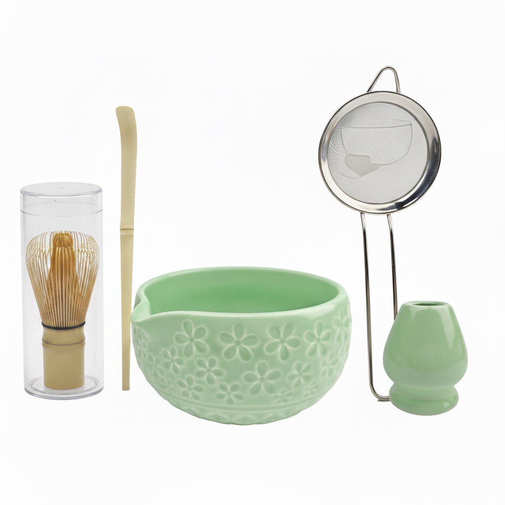 Matcha Whisk Set,5Pcs Ceramic Japanese Matcha Set Includes Matcha Bowl, Matcha Whisk and Holder, Bamboo Scoop and Sifter - Matcha Kit for Matcha Lovers (Green)