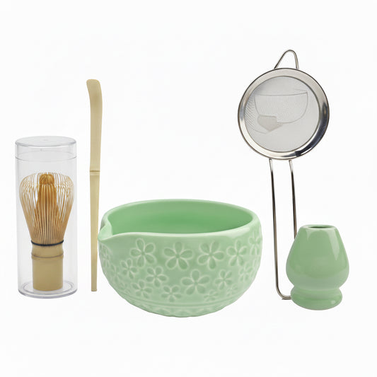 Matcha Whisk Set,5Pcs Ceramic Japanese Matcha Set Includes Matcha Bowl, Matcha Whisk and Holder, Bamboo Scoop and Sifter - Matcha Kit for Matcha Lovers (Green)
