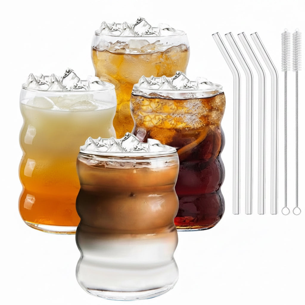 16OZ Drinking Glasses with Glass Straw Made of Soda Lime Glass 4Pcs Set 350ML Shaped Glass Cups Iced Coffee Glasses Tumbler Cup
