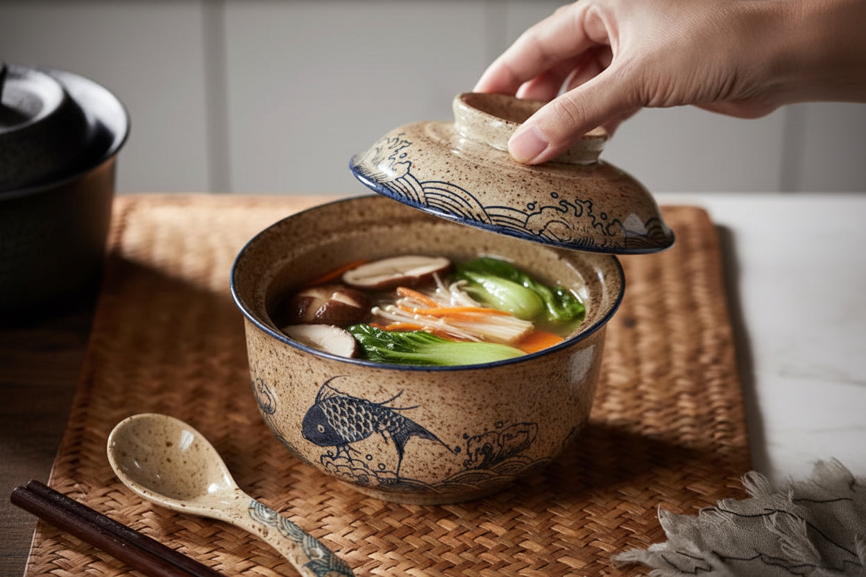 6.5Inch Japanese Style Ramen Bowl with Lid Ceramic Instant Noodle Bowl for Soup Rice Noodle and Porridge Kitchen Tableware