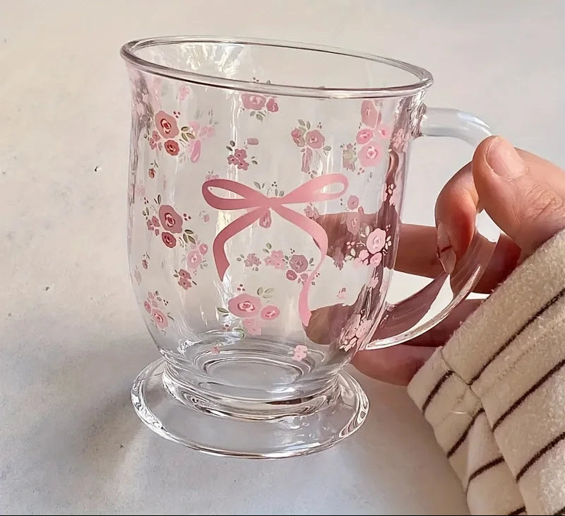1/2PCS Flower Rose Bow Pattern Glass 450Ml Multifunctional U-Shaped Hand Washable Reusable Glass Suitable for Coffee