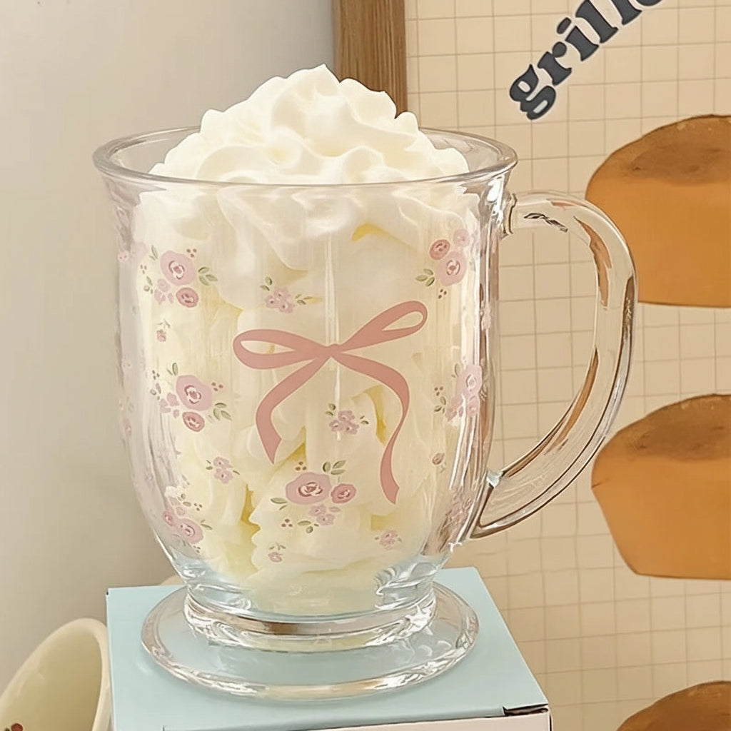 1/2PCS Flower Rose Bow Pattern Glass 450Ml Multifunctional U-Shaped Hand Washable Reusable Glass Suitable for Coffee