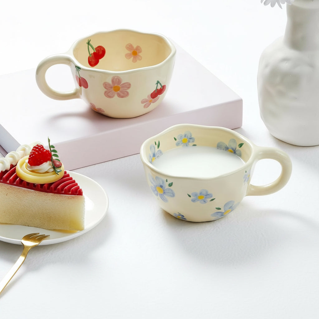 2 Pcs Ceramic Coffee Mugs Flower Mugs with Spoon Vintage Floral Mugs with Handle 8.5 Oz Cute Aesthetic Tea Porcelain Cup Dishwasher and Microwave Safe(Lovely)