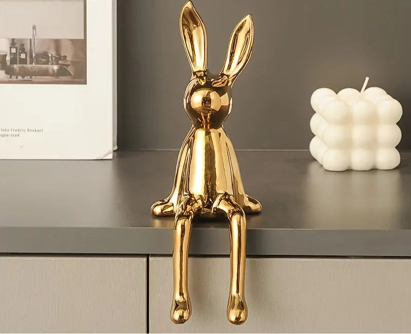 1PCS Ceramic Long-Eared Sitting Rabbit Room Ornaments Statue Luxury Home Decoration Accessories High-End Home Art Aesthetics