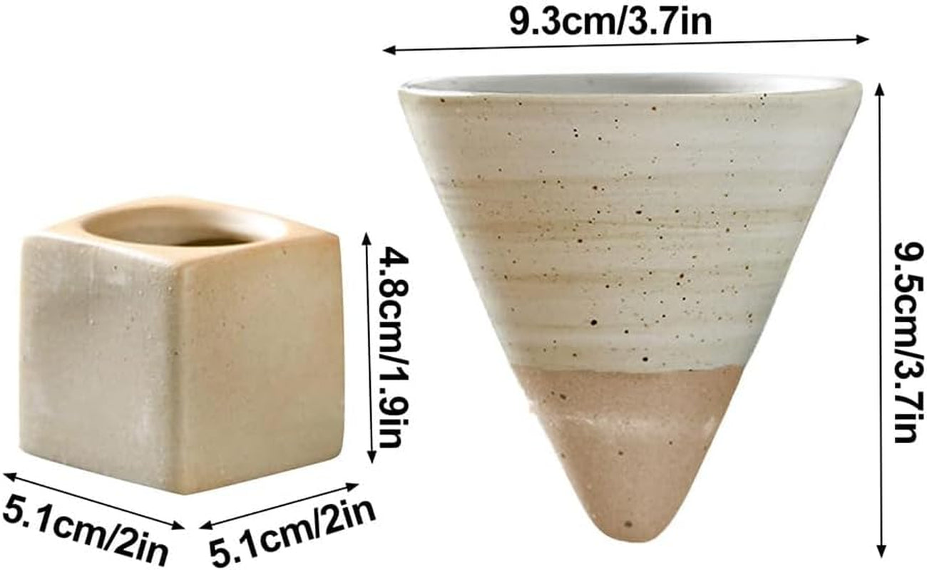 2Pcs Coarse Pottery Coffee Mug with Base,Creative Triangular Cone Shape