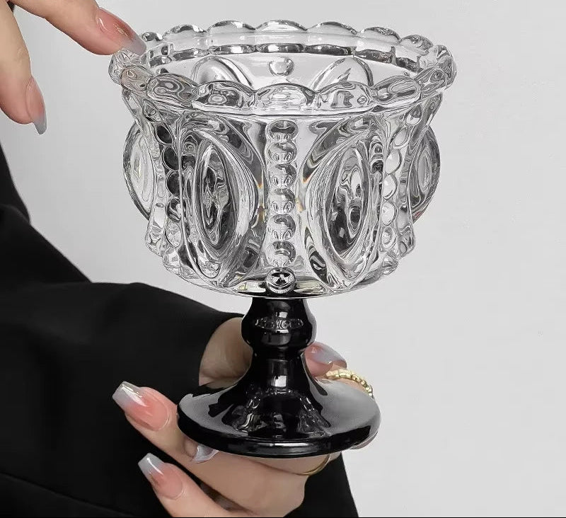 1/2PCS Retro Embossed Tall Glass Cup Whiskey Mugs Black Crystal Home Creative Coffee Ice Cream Yogurt Dessert Goblet