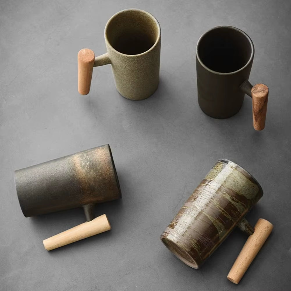 Vintage Ceramic Mug Coffee Cup Drinking Cup Retro Matte Mug with Wooden Handle Handmade Mugs Ceramic Cups Dining & Bar Drinkware