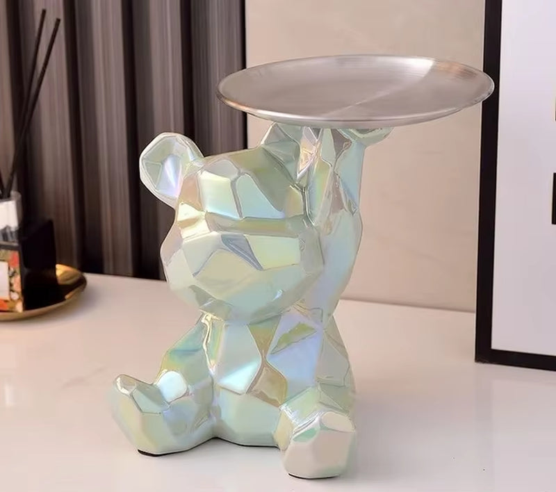 Geometric Bear Statue with Tray Storage, Ceramic Plating Piggy Bank, Key, Cosmetic Storage Box, Bookshelf Statue Decoration.