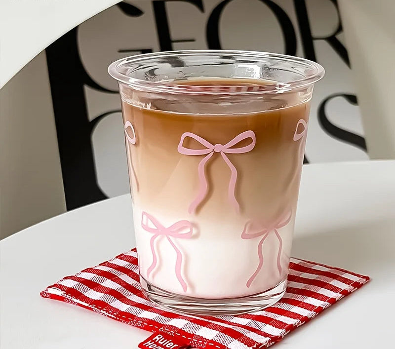 1/2 Pack Bow Glass Cup Pink Bow Iced Coffee Cup 320ML Cup Cute Drinking Cup Suitable for Ladies Sisters Gathering