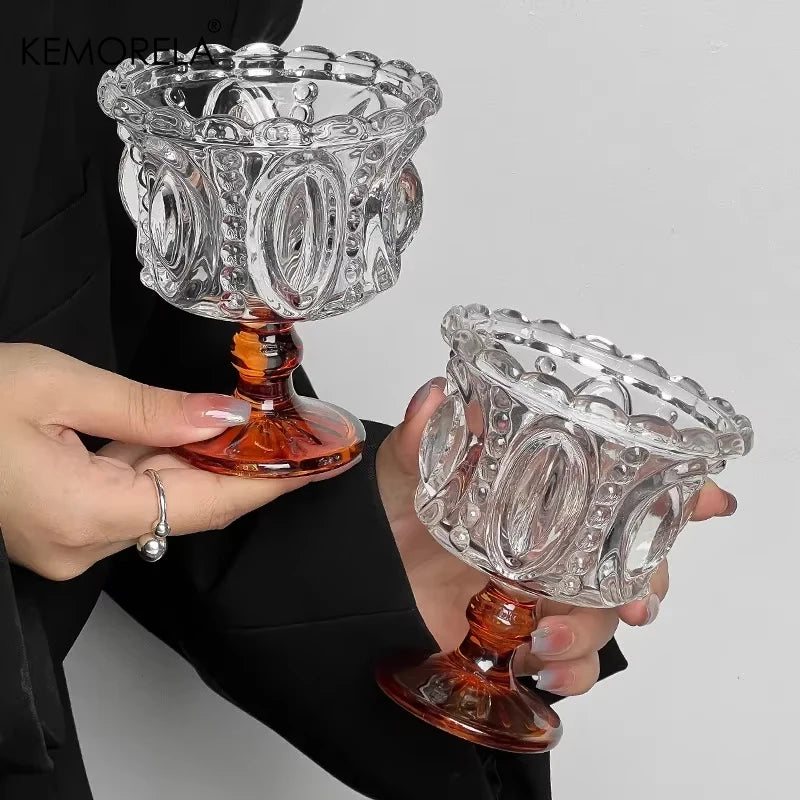 1/2PCS Retro Embossed Tall Glass Cup Whiskey Mugs Black Crystal Home Creative Coffee Ice Cream Yogurt Dessert Goblet