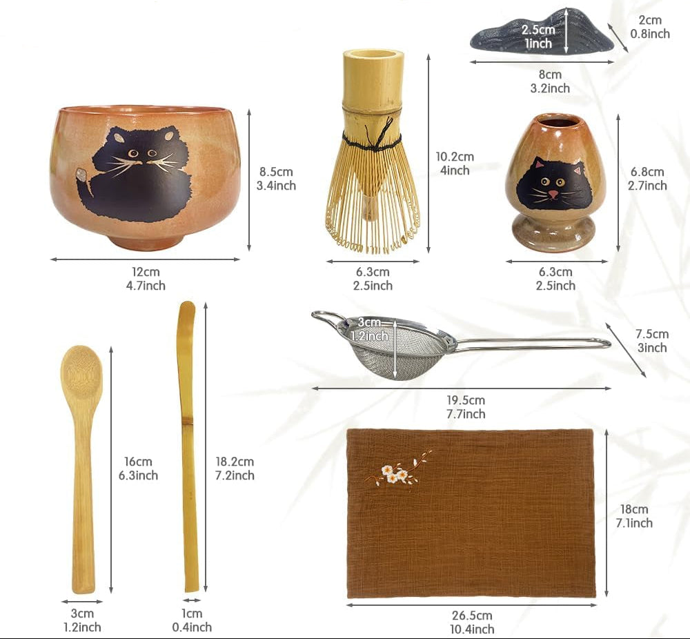 Matcha Whisk Set, 8 Pcs Matcha Kit Includes Bamboo Whisk with Ceramic Holder, Matcha Scoop and Sifter, Cotton and Linen Tea Towel, Traditional Japanese Shino Style Gift Set, Dragon Egg