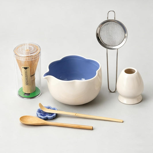 Matcha Set, 8Pcs Floral Ceramic Matcha Set with Matcha Whisk, Holder, Scoop, Scoop Rest, Sifter, Spoon and Tea Towel - Thoughtful Matcha Whisk Set Gift for Matcha Lovers (Beige & Blue)