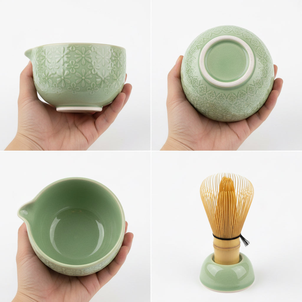 Matcha Whisk Set,5Pcs Ceramic Japanese Matcha Set Includes Matcha Bowl, Matcha Whisk and Holder, Bamboo Scoop and Sifter - Matcha Kit for Matcha Lovers (Green)