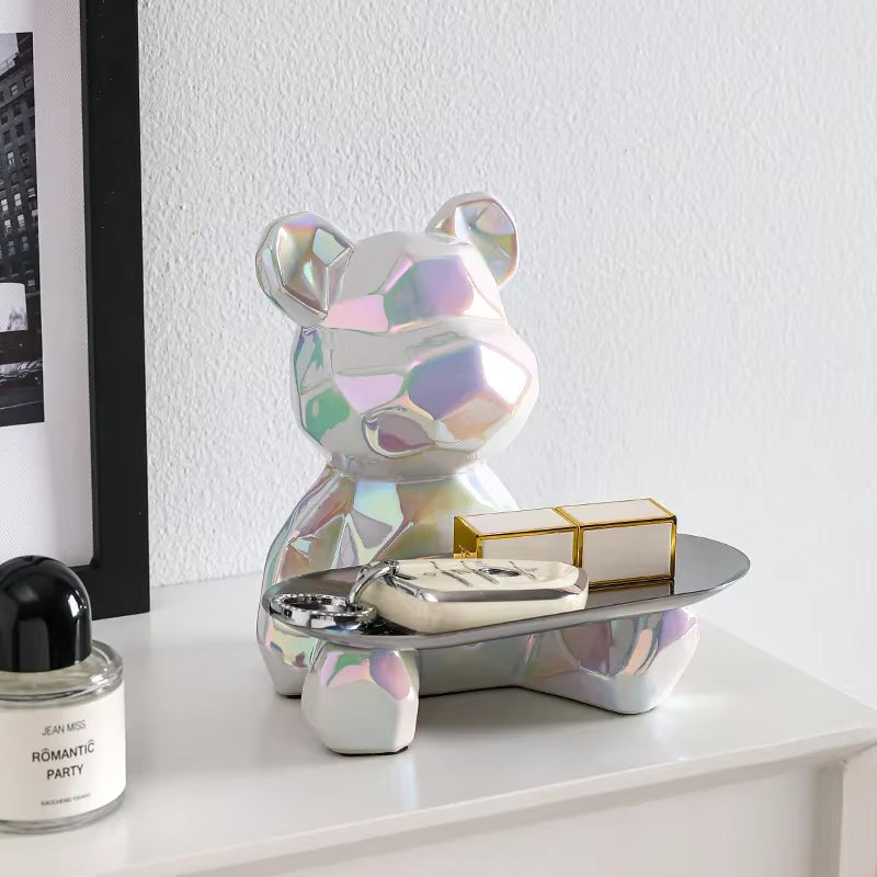 Geometric Bear Statue with Tray Storage, Ceramic Plating Piggy Bank, Key, Cosmetic Storage Box, Bookshelf Statue Decoration.