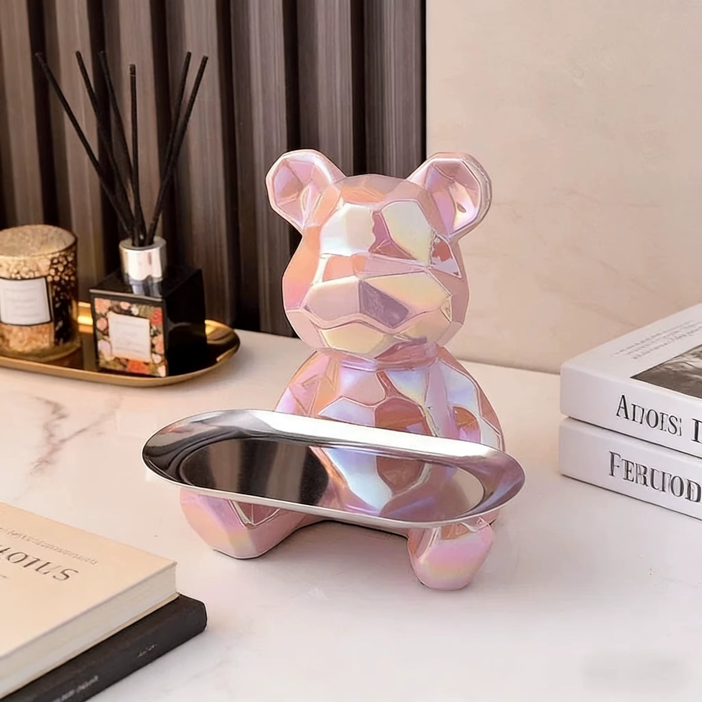 Geometric Bear Statue with Tray Storage, Ceramic Plating Piggy Bank, Key, Cosmetic Storage Box, Bookshelf Statue Decoration.