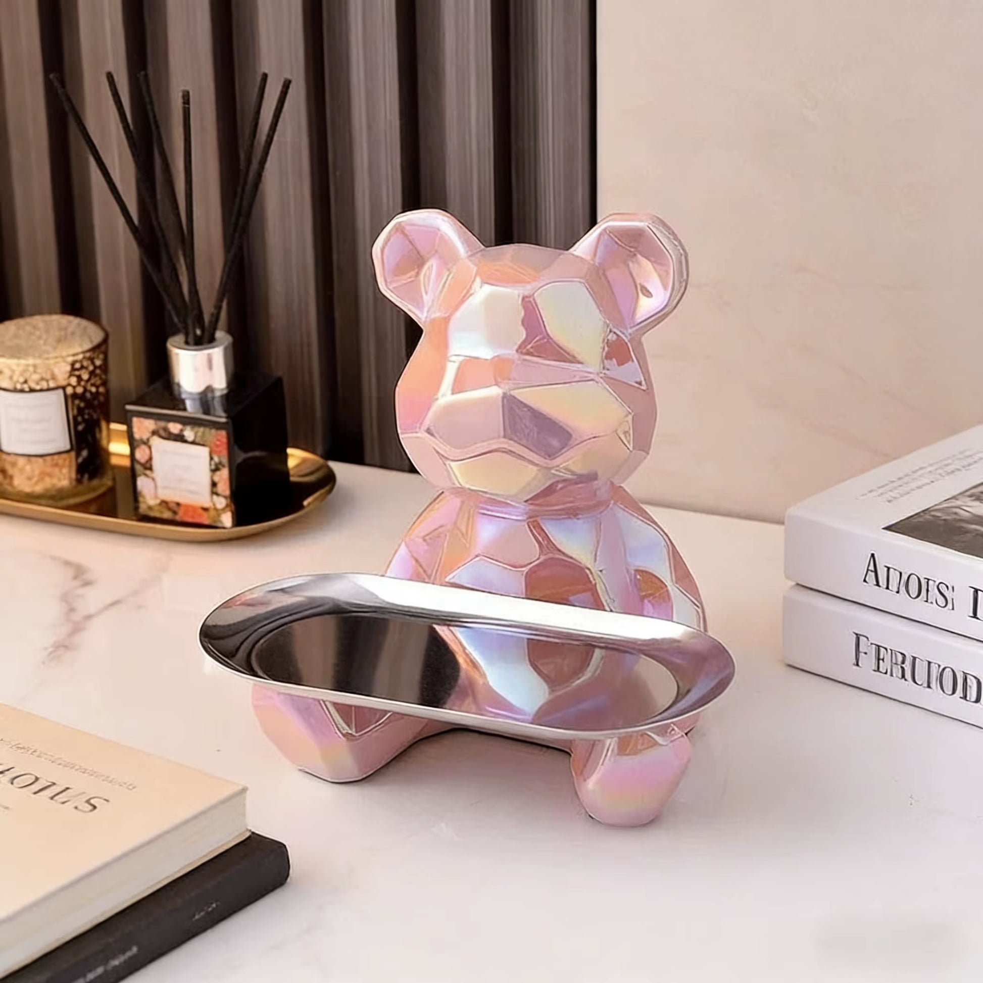 Geometric Bear Statue with Tray Storage, Ceramic Plating Piggy Bank, Key, Cosmetic Storage Box, Bookshelf Statue Decoration.