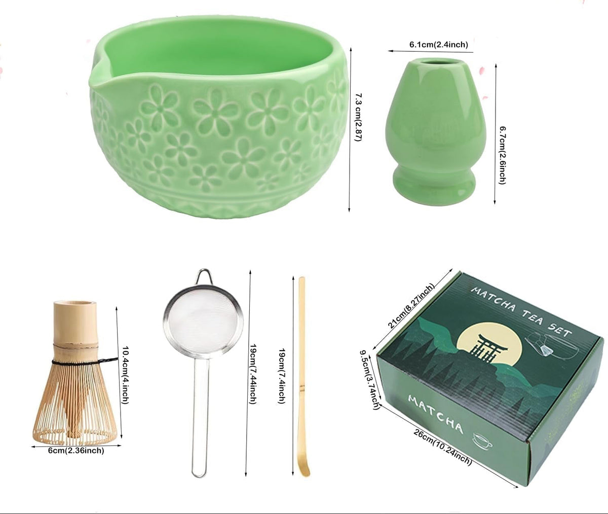 Matcha Whisk Set,5Pcs Ceramic Japanese Matcha Set Includes Matcha Bowl, Matcha Whisk and Holder, Bamboo Scoop and Sifter - Matcha Kit for Matcha Lovers (Green)