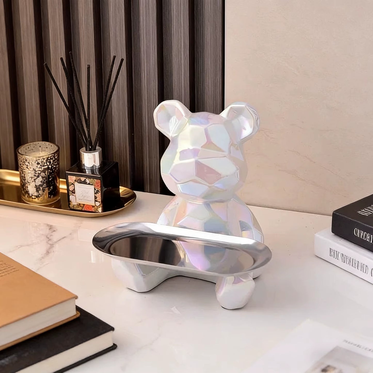 Geometric Bear Statue with Tray Storage, Ceramic Plating Piggy Bank, Key, Cosmetic Storage Box, Bookshelf Statue Decoration.
