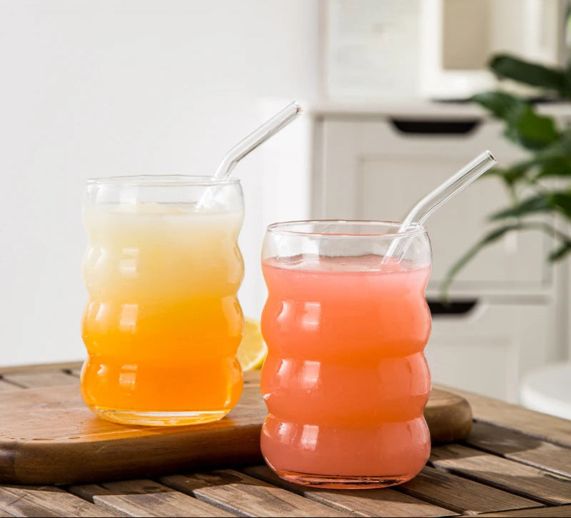 16OZ Drinking Glasses with Glass Straw Made of Soda Lime Glass 4Pcs Set 350ML Shaped Glass Cups Iced Coffee Glasses Tumbler Cup